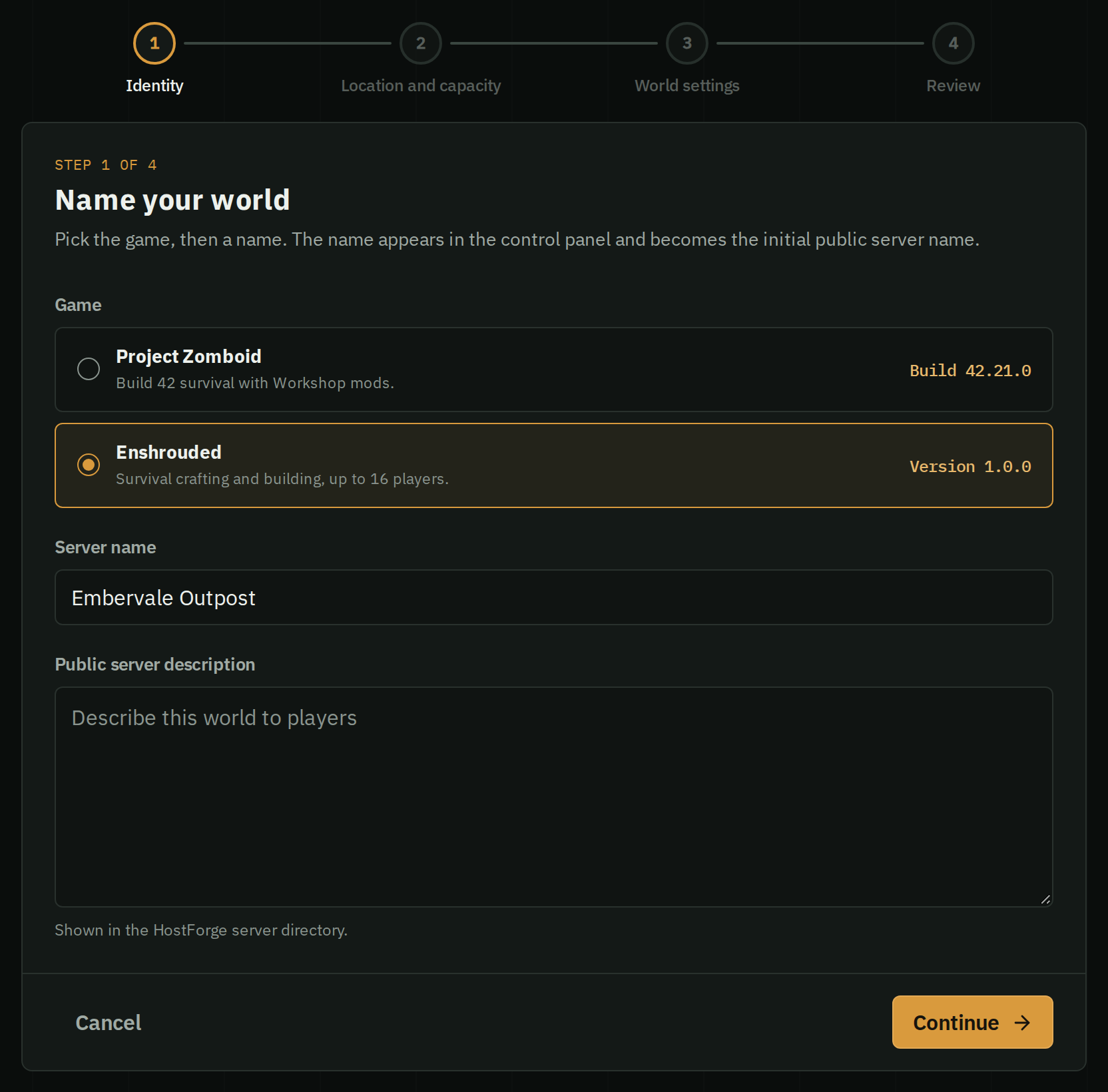 HostForge's create server wizard with Enshrouded selected as the game.
