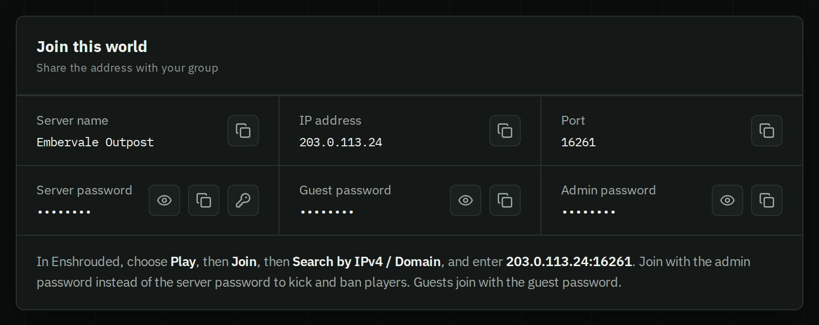 A running Enshrouded server on HostForge: the server name, IP address, port and password to share, and the steps to join.