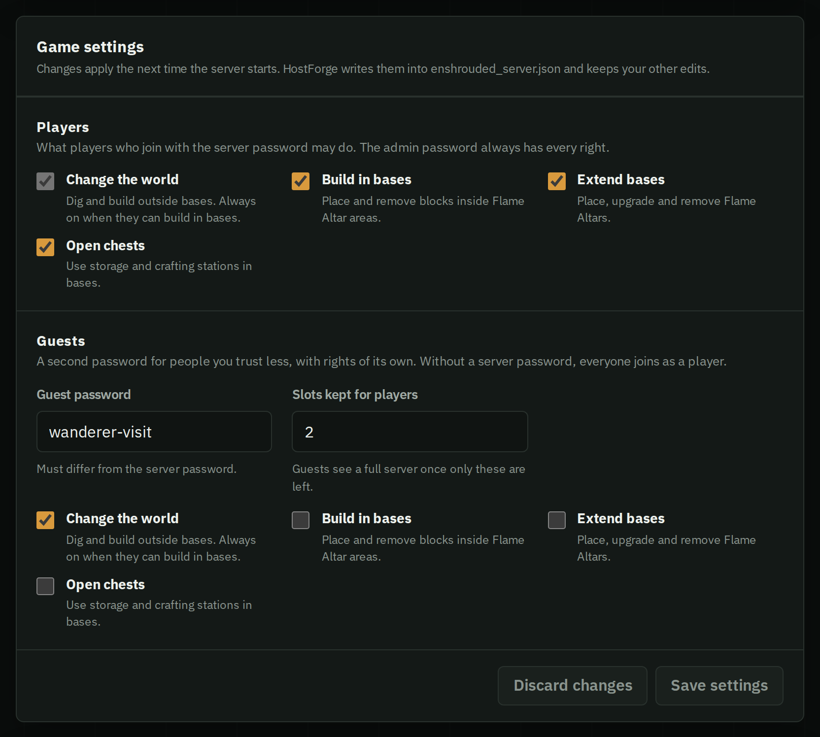 HostForge's Enshrouded Players and Guests settings: what players may do, the guest password, slots kept for players, and what guests may do.
