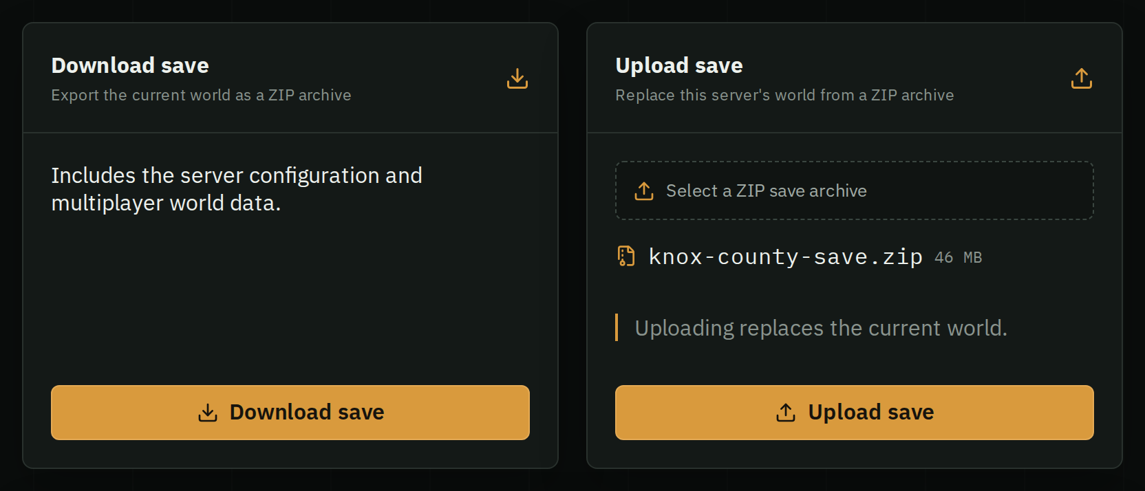 HostForge's Backups tab: Download save on the left, and Upload save on the right with knox-county-save.zip selected and an Upload save button.