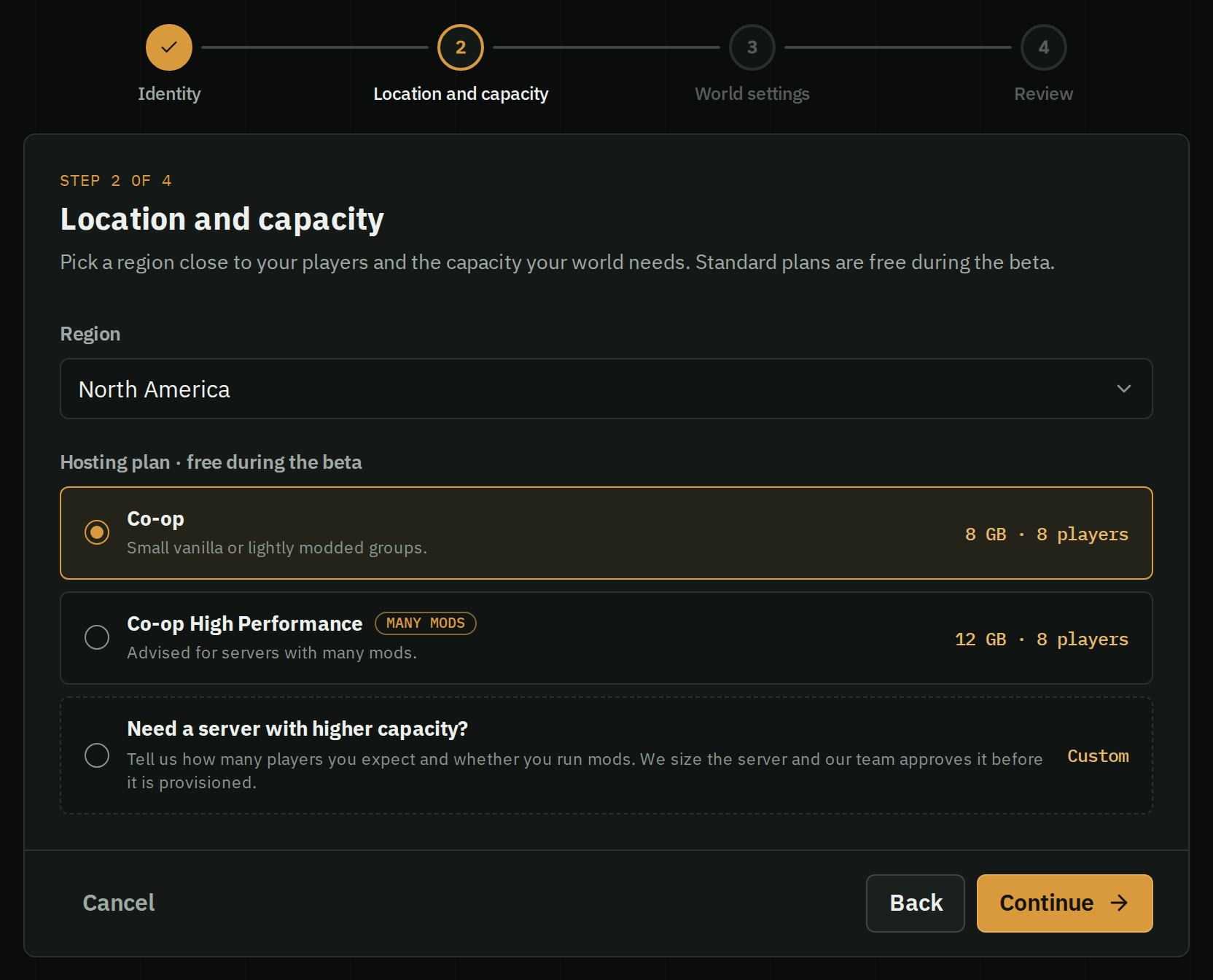 HostForge's create server wizard at step 2, Location and capacity, with North America selected and the free Co-op plan, 8 GB and 8 players.