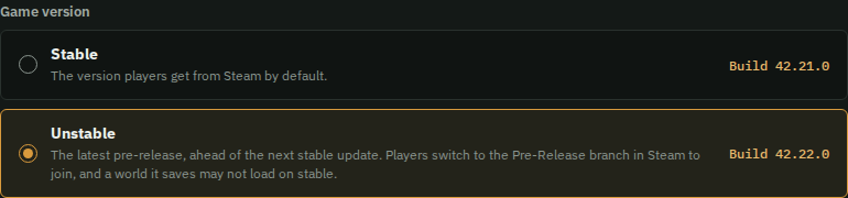 HostForge's create server wizard with Game version set to Unstable, next to the Stable choice and its build number.