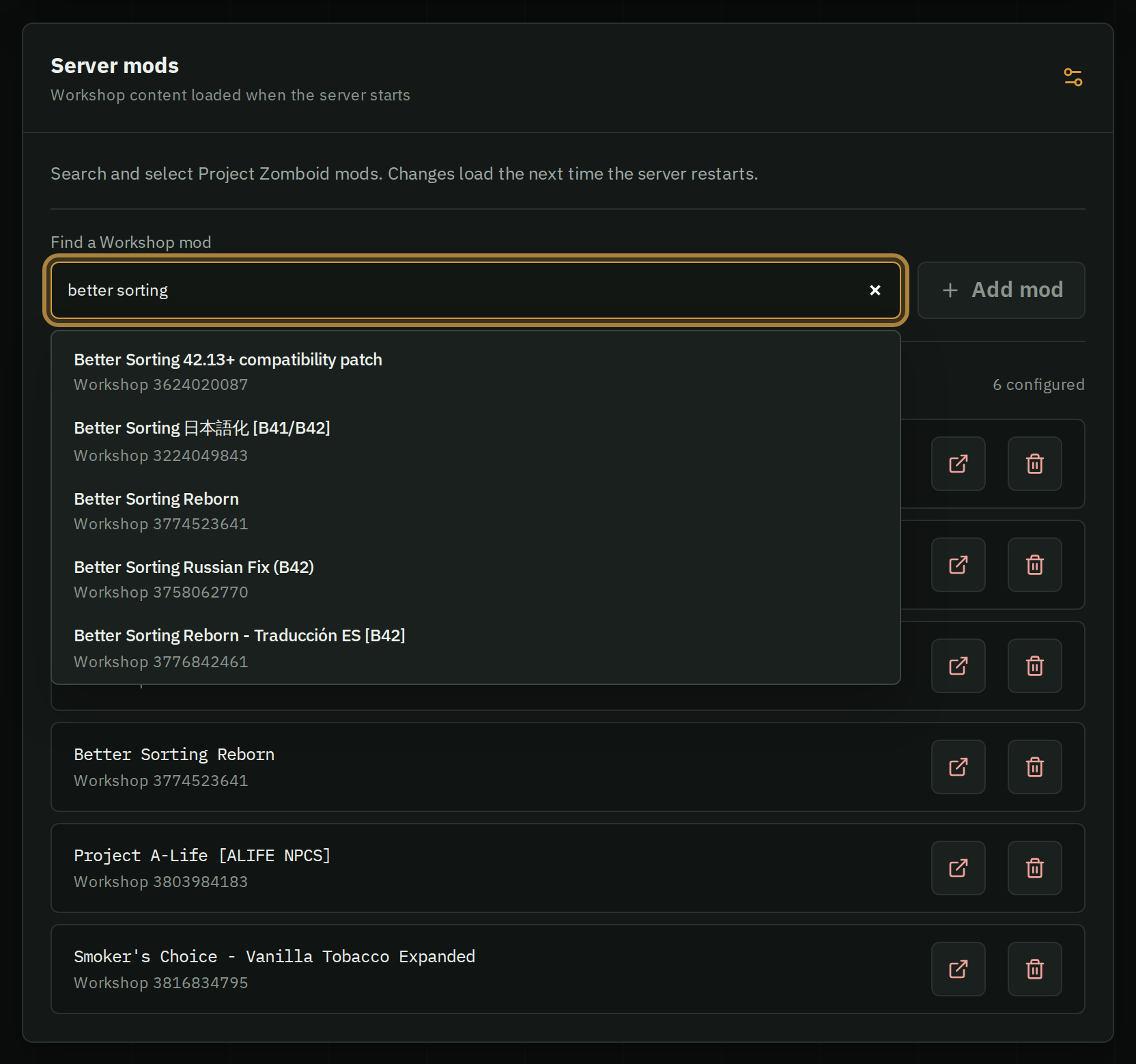 HostForge's Mods tab: a Workshop search for better sorting showing matching mods with their Workshop IDs, above the server's enabled mods.