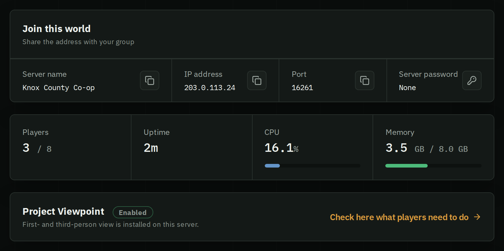 A running HostForge server's overview: the server name, IP address and port to share, with players, uptime, CPU and memory.