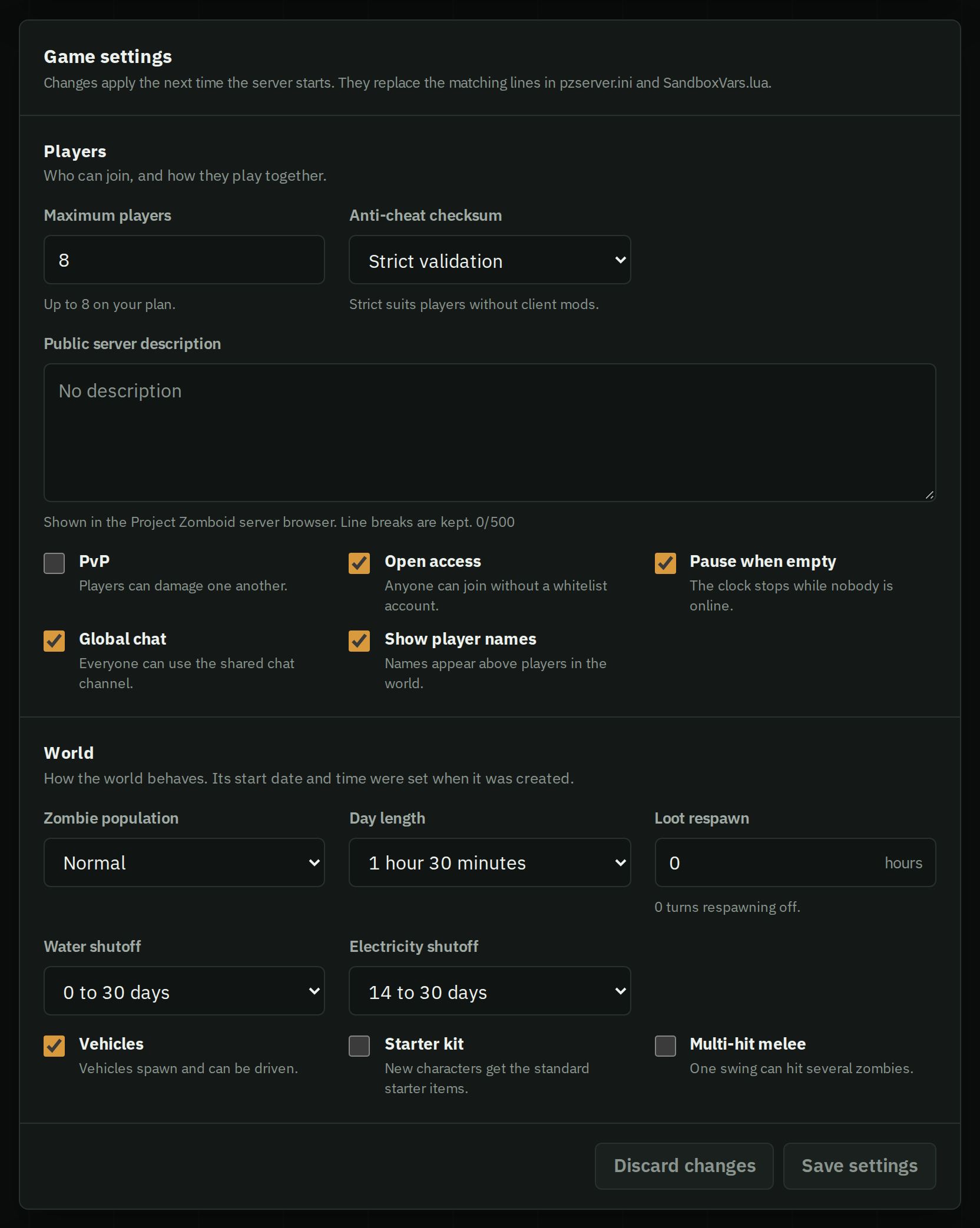 HostForge's Game settings form: maximum players, anti-cheat, server description, PvP, open access, pause when empty, global chat and player names, then zombie population, day length, loot respawn, water and electricity shutoff, vehicles, starter kit and multi-hit melee.
