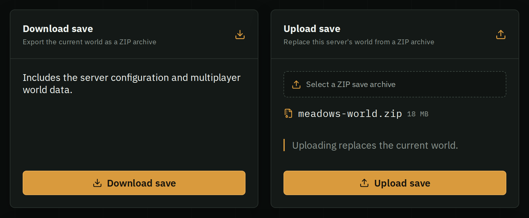 HostForge's Backups tab for a Valheim server: Download save, and Upload save with a world ZIP selected.