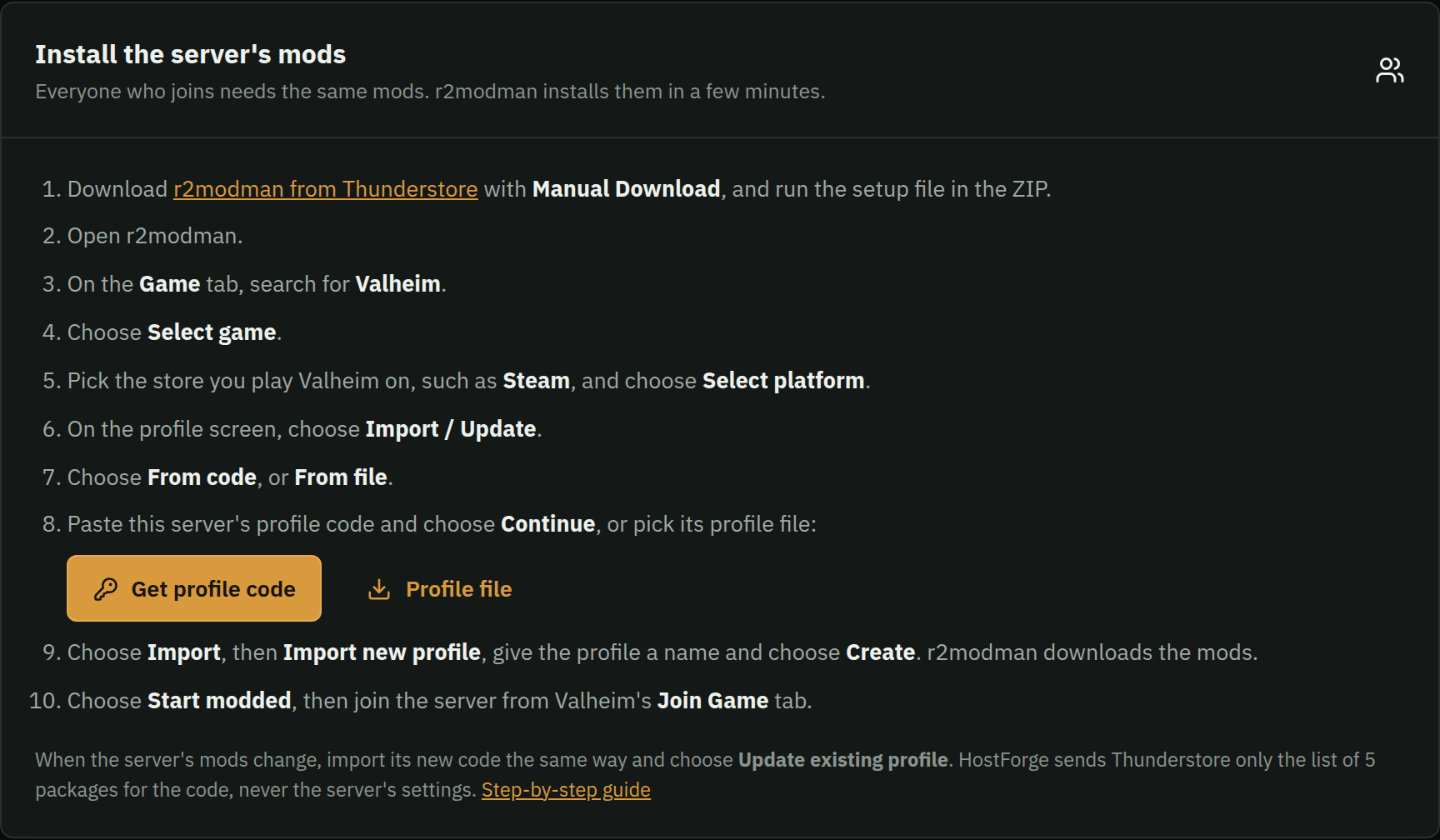 HostForge's Mods tab with the ten r2modman steps to install a Valheim server's mods, the Get profile code button and the Profile file download.