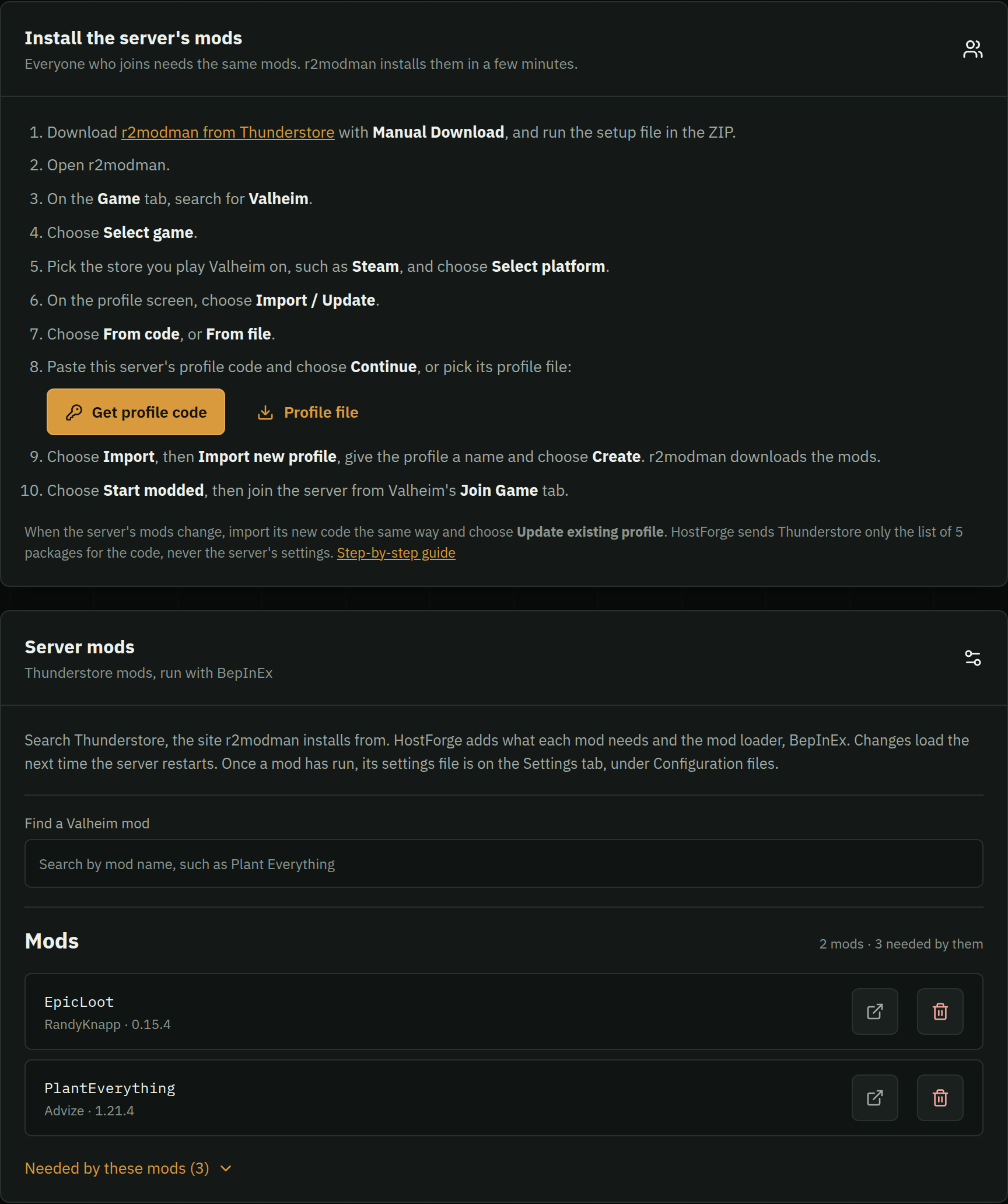 HostForge's Mods tab for a Valheim server: the r2modman steps and profile code for players, the Thunderstore search, and Epic Loot and Plant Everything with three packages they need.