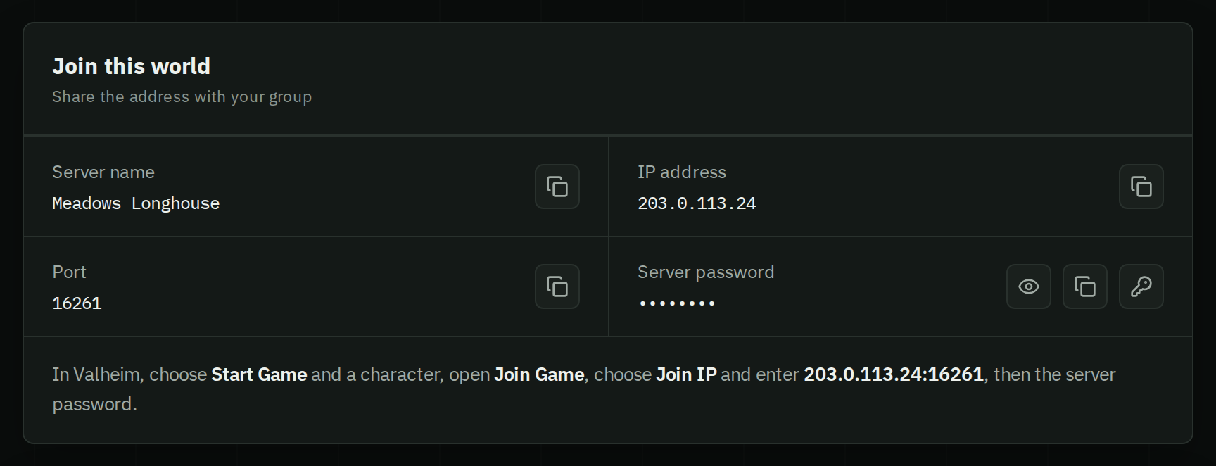 The Join this world card on a HostForge Valheim server, with the address, port, password and how to join.